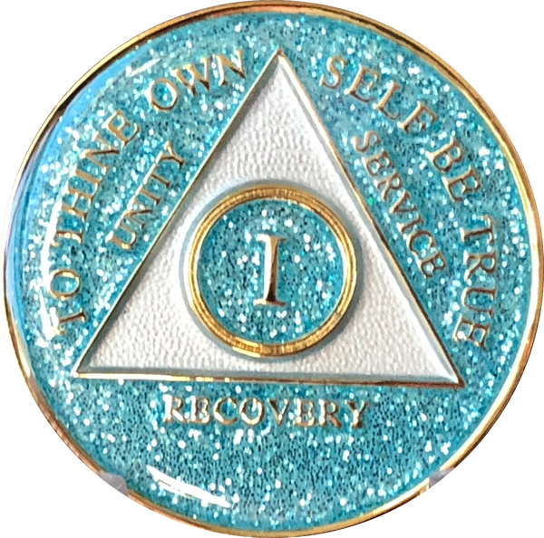 AA Medallion Aqua Blue Glitter Tri-Plate Sobriety Chip Year 1 - 45 - RecoveryChip