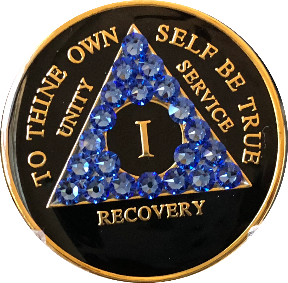 Blue Sapphire Swarovski Crystal AA Medallion Black Tri-Plate Sobriety Chip Year 1 - 50 - RecoveryChip