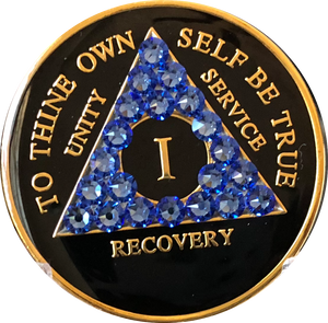 Blue Sapphire Swarovski Crystal AA Medallion Black Tri-Plate Sobriety Chip Year 1 - 50 - RecoveryChip