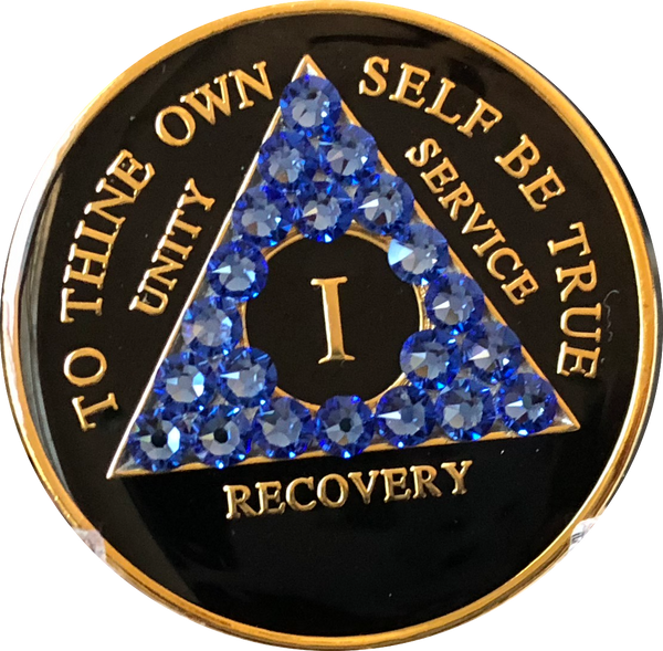 Blue Sapphire Swarovski Crystal AA Medallion Black Tri-Plate Sobriety Chip Year 1 - 50 - RecoveryChip