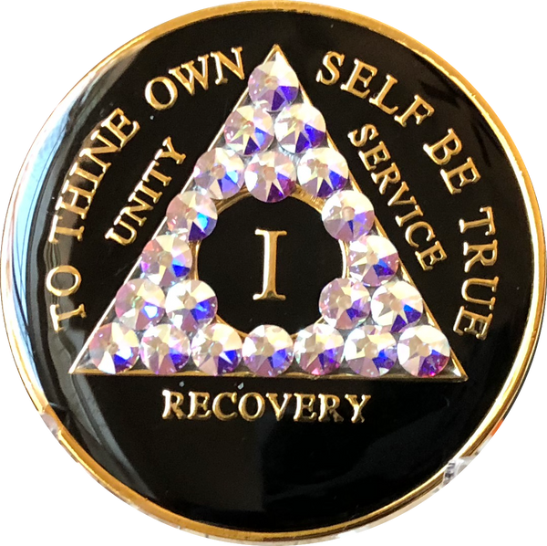 Amethyst Swarovski Crystal AA Medallion Black Tri-Plate Sobriety Chip Year 1 - 50 - RecoveryChip