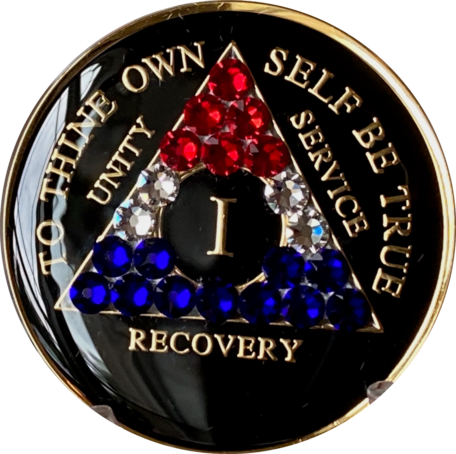 1 - 50 Year AA Medallion Black Tri-Plate With Red White Blue Swarovski Crystals American Patriotic Veteran Theme