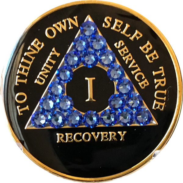 Blue Sapphire Swarovski Crystal AA Medallion Black Tri-Plate Sobriety Chip Year 1 - 50 - RecoveryChip