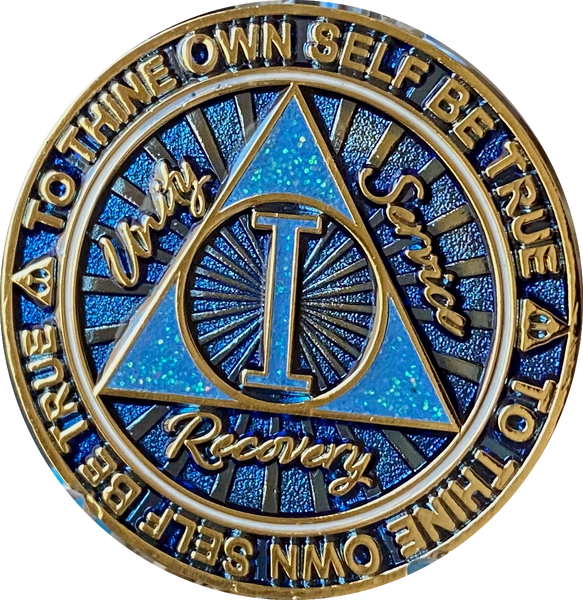 1 or 2 Year AA Medallion Cosmic Blue Glitter Gold Plated Sobriety Chip