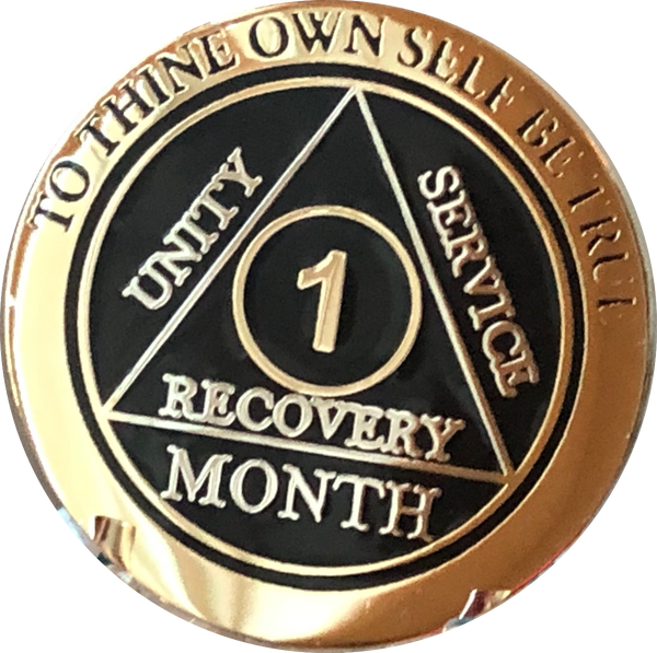 1 2 3 6 9 or 18 Month AA Medallion Elegant Black Gold and Silver Plated Sobriety Chip - RecoveryChip