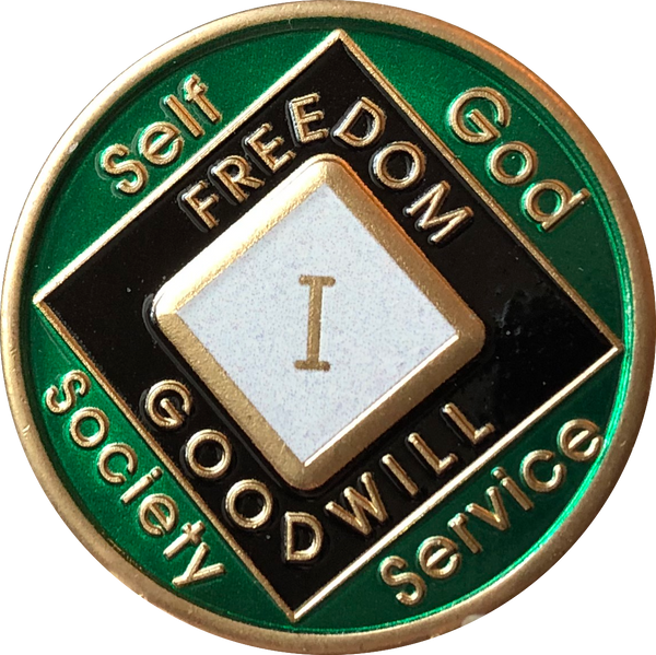 Offical NA Tri-Plate Green Pearl & Black Color Narcotics Anonymous Medallions 18 Month Year 1 - 50 - RecoveryChip