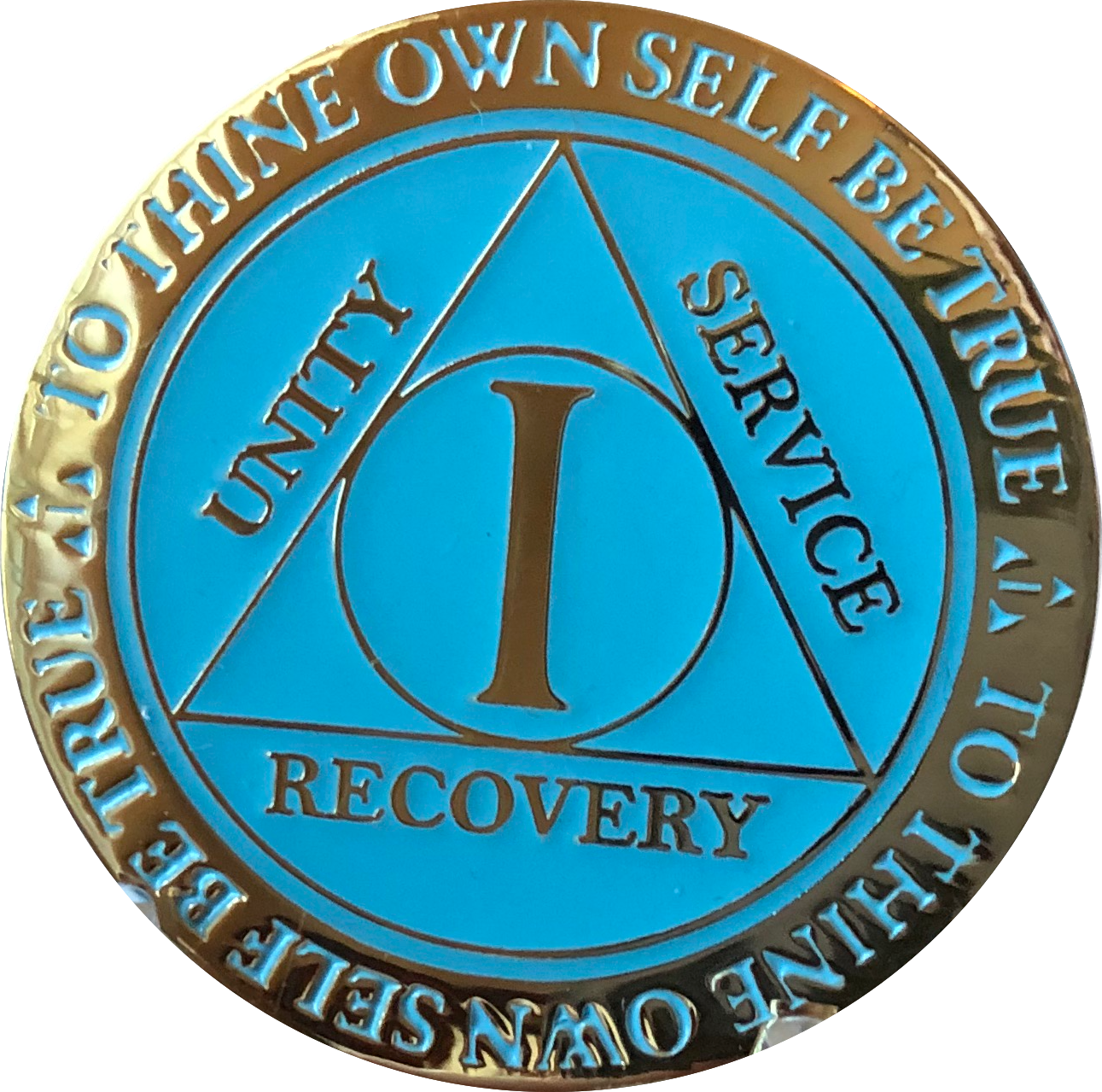 1 Year AA Medallion Reflex Glow In The Dark Gold Plated Blue Sobriety Chip - RecoveryChip