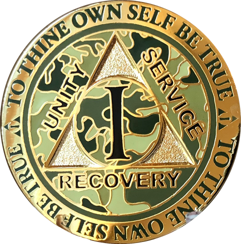 1 - 15 25 and 30 Year Reflex Camo Gold Plated AA Medallion Camouflage Sobriety Chip - RecoveryChip