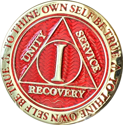 1 - 10 Year AA Medallion Reflex Red Gold Plated Alcoholics Anonymous RecoveryChip Design - RecoveryChip