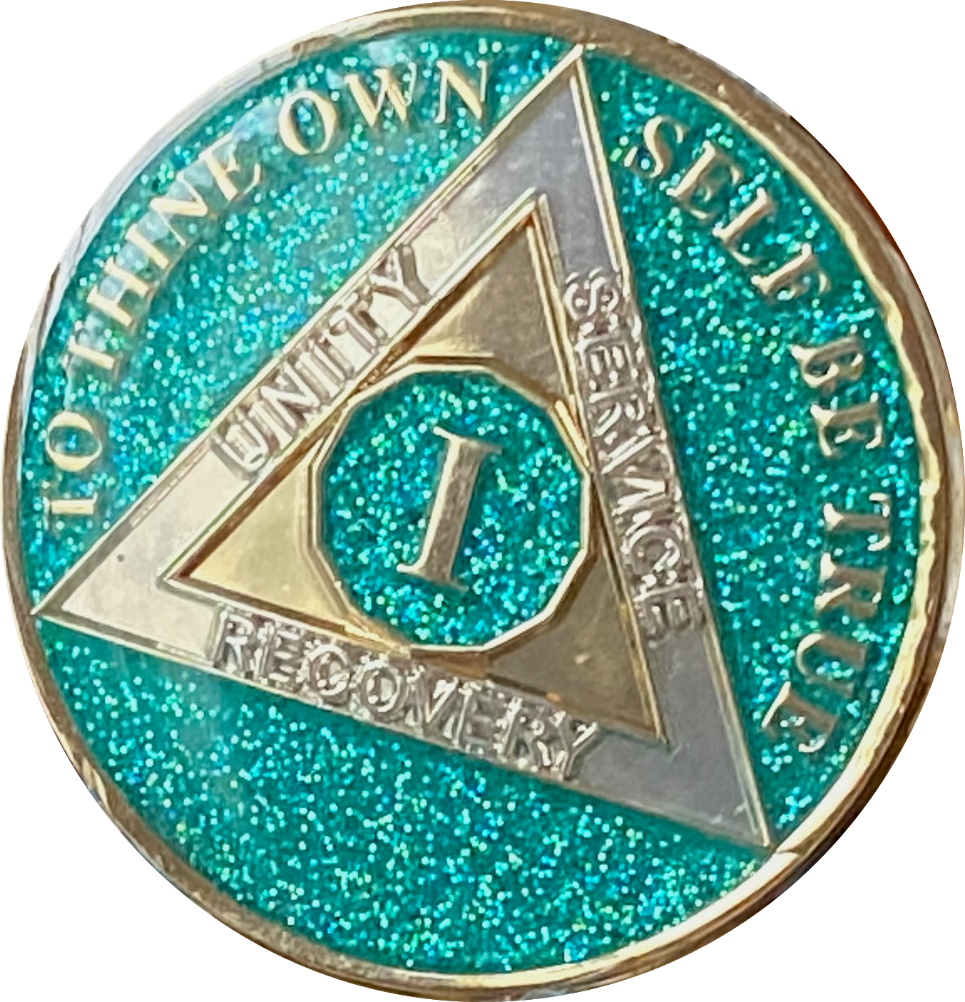 1 Year AA Medallion Caribbean Turquoise Glitter Tri-Plate Sobriety Chip