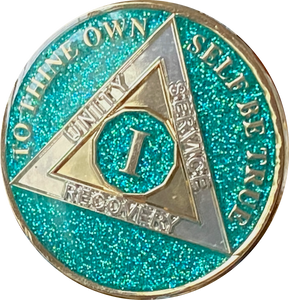 1 Year AA Medallion Caribbean Turquoise Glitter Tri-Plate Sobriety Chip