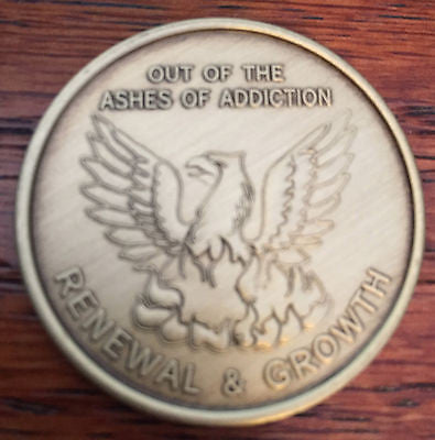 Out Of The Ashes Of Addiction Renewal & Growth Bronze Medallion Serenity Prayer - RecoveryChip