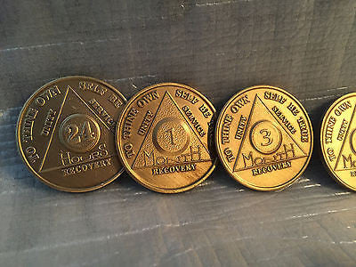 Lot of 6 Alcoholics Anonymous AA Bronze 24hrs 1 3 6 9 Month 1 Year Medallions - RecoveryChip
