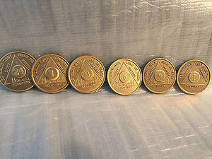 Lot of 6 Alcoholics Anonymous AA Bronze 24hrs 1 3 6 9 Month 1 Year Medallions - RecoveryChip
