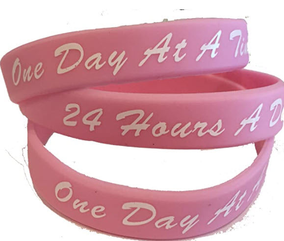 Set of 3 Pink One Day At A Time / 24 Hours A Day Silicone Wrist Bands 2.5" Wrist Bracelet