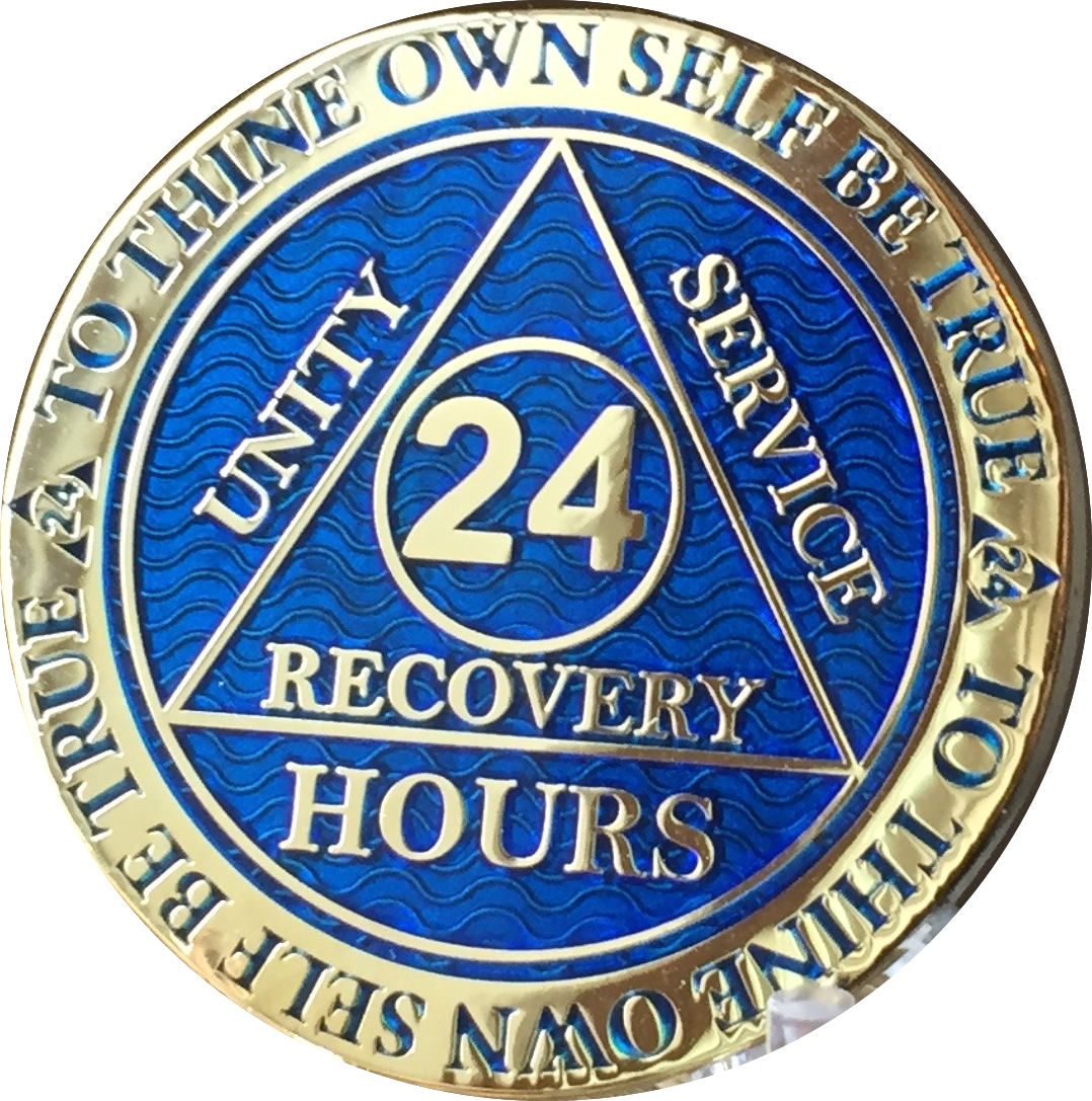 24 Hours AA Medallion Reflex Blue Gold Plated Alcoholics Anonymous RecoveryChip Design - RecoveryChip