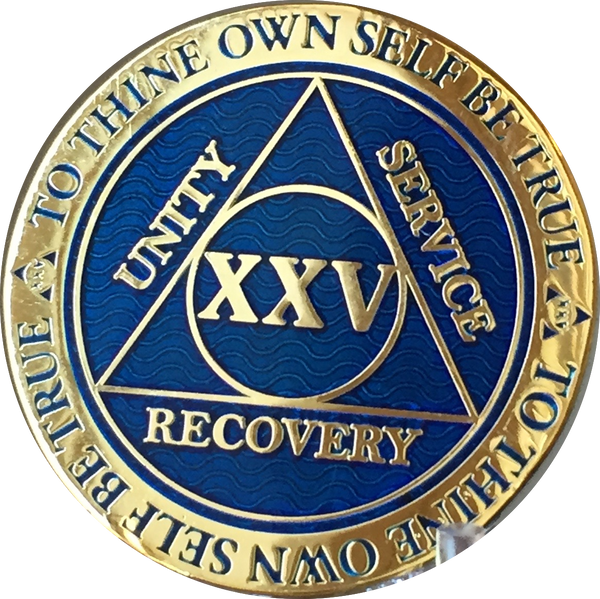 25 Year AA Medallion Reflex Blue Gold Plated Alcoholics Anonymous RecoveryChip Design - RecoveryChip