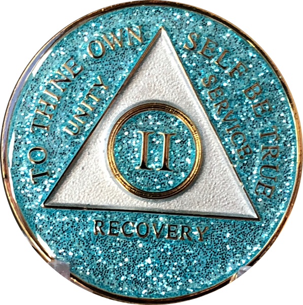 AA Medallion Aqua Blue Glitter Tri-Plate Sobriety Chip Year 1 - 45 - RecoveryChip