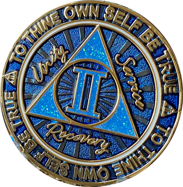 1 or 2 Year AA Medallion Cosmic Blue Glitter Gold Plated Sobriety Chip