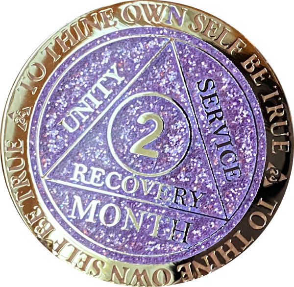 1 2 3 6 9 or 18 Month AA Medallion Reflex Purple Lavender Glitter Gold Plated Sobriety Chip