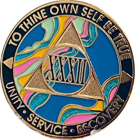 32 Year AA Medallion Elegant Tahiti Teal Blue and Pink Marble Gold Sobriety Chip