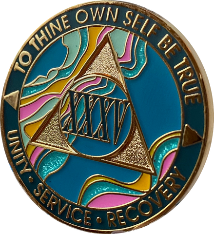 35 Year AA Medallion Elegant Tahiti Teal Blue and Pink Marble Gold Sobriety Chip