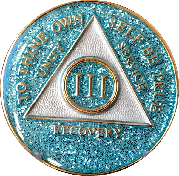 AA Medallion Aqua Blue Glitter Tri-Plate Sobriety Chip Year 1 - 45 - RecoveryChip