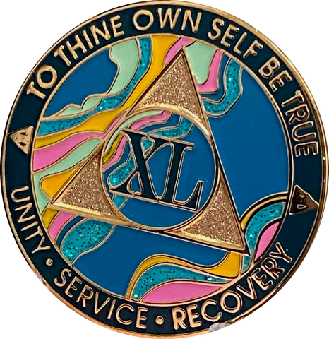 40 Year AA Medallion Elegant Tahiti Teal Blue and Pink Marble Gold Sobriety Chip