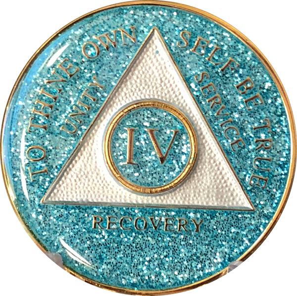 AA Medallion Aqua Blue Glitter Tri-Plate Sobriety Chip Year 1 - 45 - RecoveryChip