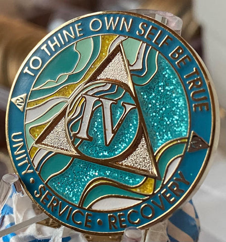 4 Year AA Medallion Elegant Caribbean Aqua Glitter Teal Marble Gold Sobriety Chip