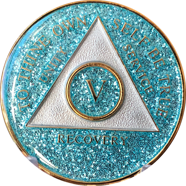 AA Medallion Aqua Blue Glitter Tri-Plate Sobriety Chip Year 1 - 45 - RecoveryChip