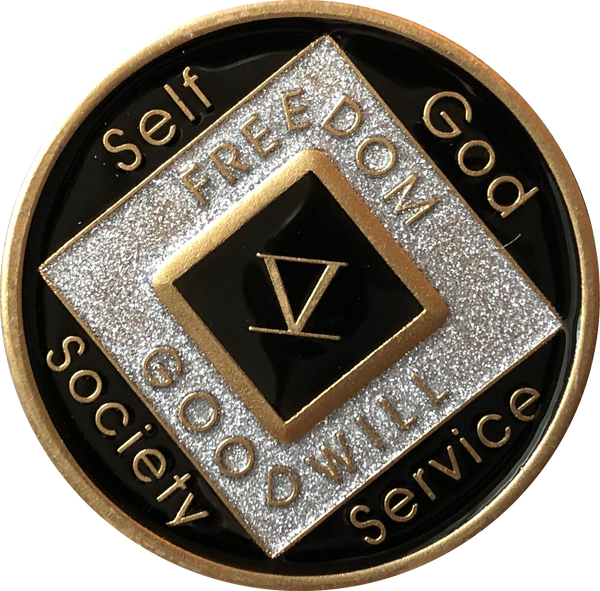 Offical NA Tri-Plate Black Silver & Gold Color Narcotics Anonymous Medallions 18 Month Year 1 - 50 - RecoveryChip