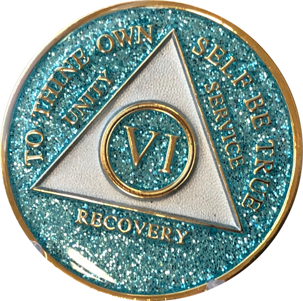 AA Medallion Aqua Blue Glitter Tri-Plate Sobriety Chip Year 1 - 45 - RecoveryChip