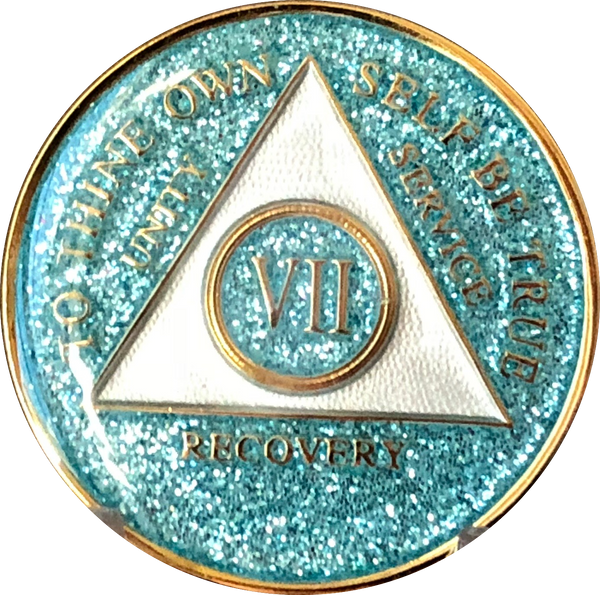 AA Medallion Aqua Blue Glitter Tri-Plate Sobriety Chip Year 1 - 45 - RecoveryChip