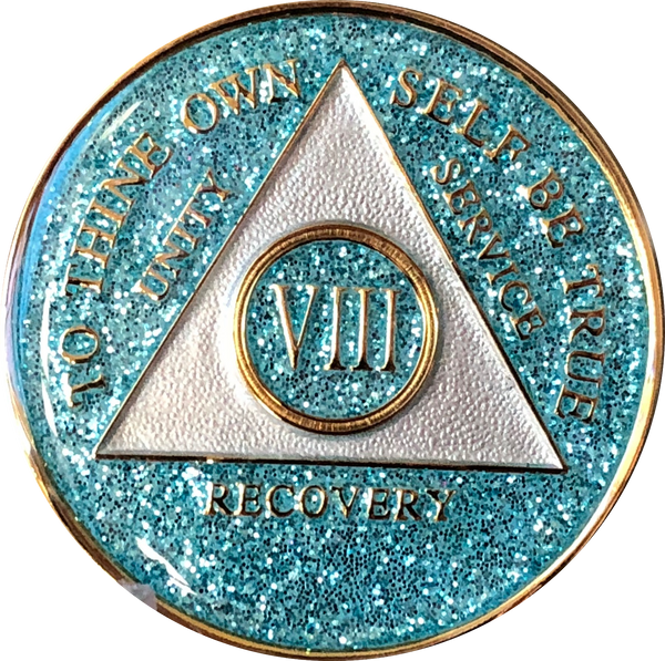 AA Medallion Aqua Blue Glitter Tri-Plate Sobriety Chip Year 1 - 45 - RecoveryChip