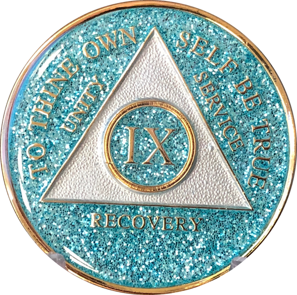 AA Medallion Aqua Blue Glitter Tri-Plate Sobriety Chip Year 1 - 45 - RecoveryChip