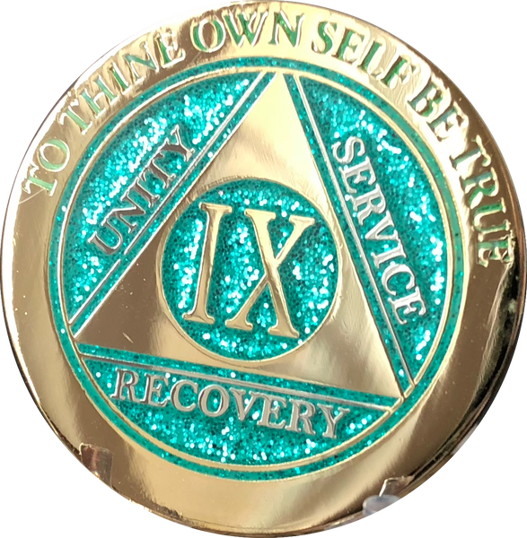 1 - 10 Year AA Medallion Elegant Glitter Aqua Turquoise Gold & Silver Plated Sobriety Chip - RecoveryChip