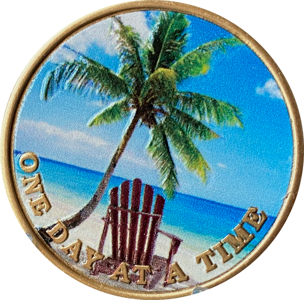 Tropical Beach Chair Palm Tree Color One Day At A Time Serenity Prayer Medallion Coin