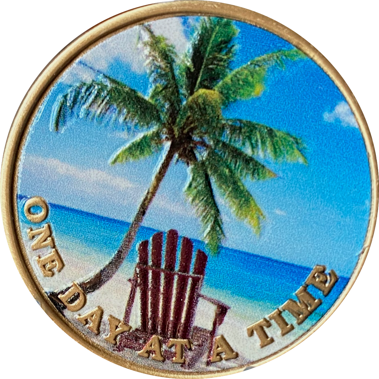 Tropical Beach Chair Palm Tree Color One Day At A Time Serenity Prayer Medallion Coin