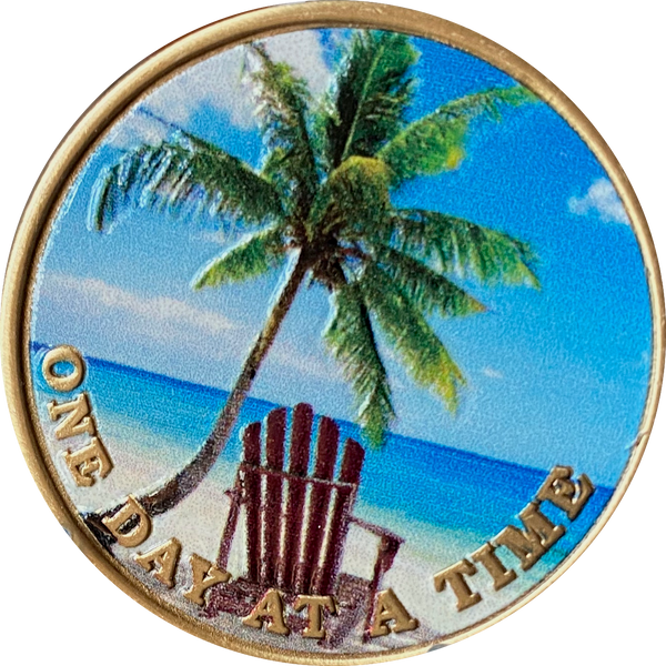 Tropical Beach Chair Palm Tree Color One Day At A Time Serenity Prayer Medallion Coin