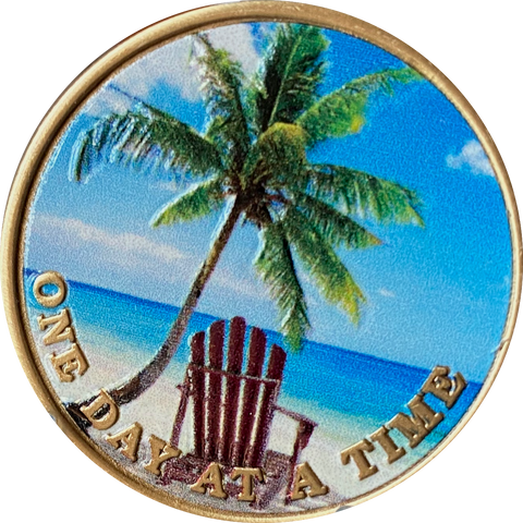 Tropical Beach Chair Palm Tree Color One Day At A Time Serenity Prayer Medallion Coin