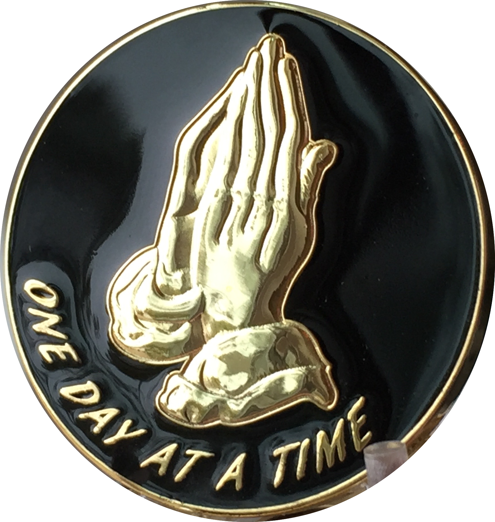 Praying Hands Black & Gold Plated One Day At A Time Medallion Sobriety Chip - RecoveryChip