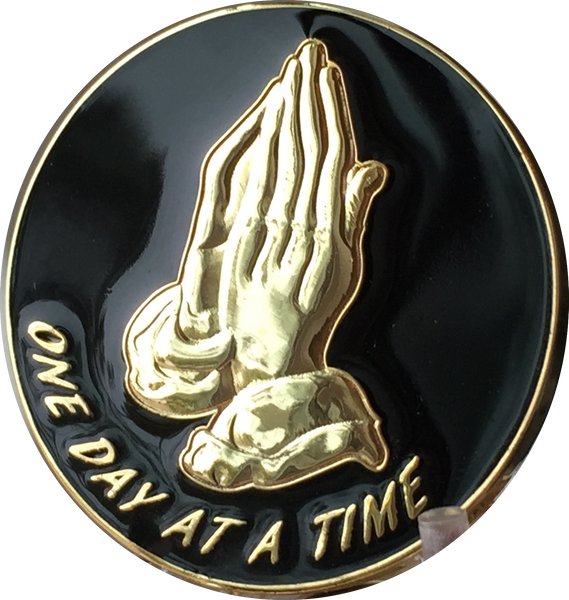 Praying Hands Black & Gold Plated One Day At A Time Medallion Sobriety Chip - RecoveryChip