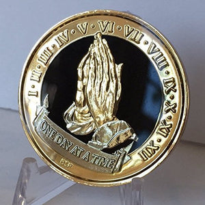 One Day At A Time Praying Hands Black Gold Plated Nickel Tri-Plated AA Alcoholics Anonymous Medallion Sobriety Chip Years 1 2 3 4 5 6 7 8 9 10 11 12 Year 1-12 BSP - RecoveryChip