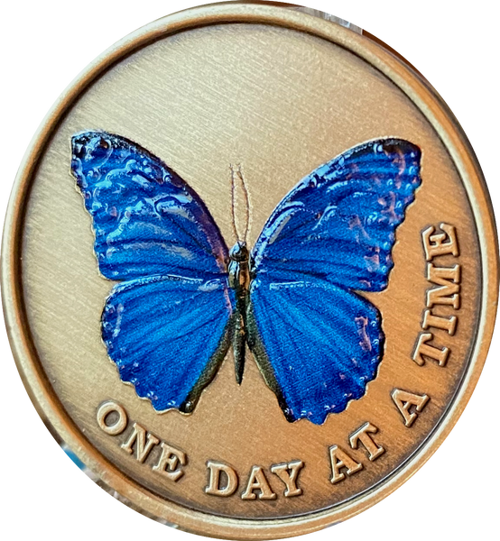 Blue Butterfly One Day At A Time Serenity Prayer Medallion Coin