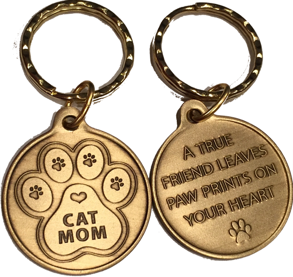 Cat Mom Bronze Keychain - A True Friend Leaves Paw Prints On Your Heart