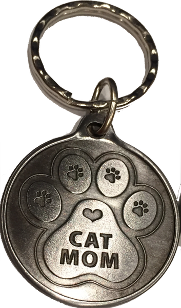 Cat Mom Keychain - A True Friend Leaves Paw Prints On Your Heart - Pewter Color