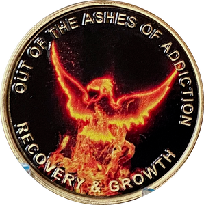 Out of The Ashes of Addiction Color Phoenix Rising from Flames Sobriety Medallion