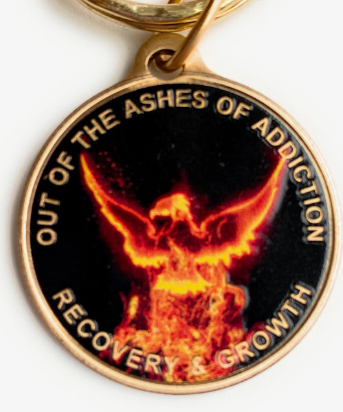 Out of The Ashes of Addiction Color Phoenix Rising from Flames Sobriety Keychain