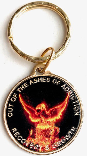 Out of The Ashes of Addiction Color Phoenix Rising from Flames Sobriety Keychain